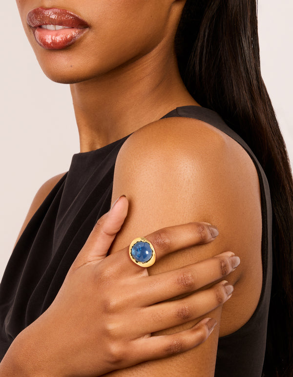Gold Plated Oversized Blue Jewel Ring