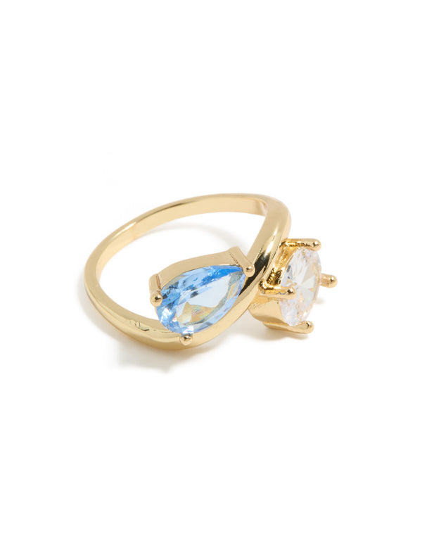 Gold Plated Clear & Blue Cubic Zirconia Ring
