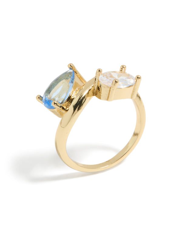 Beautifully crafted gold plated ring clear and blue cubic zirconia side detail view