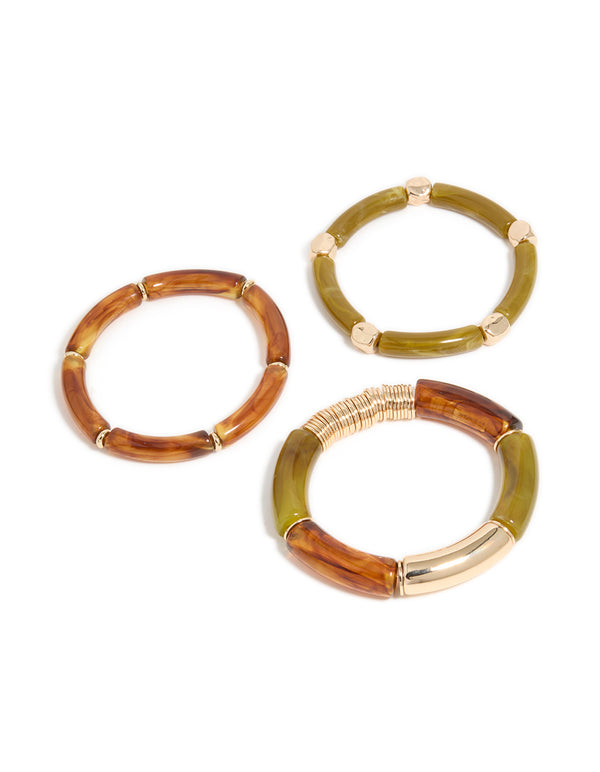 Gold Brown & Green Resin Stretch Bracelets 3-Pack