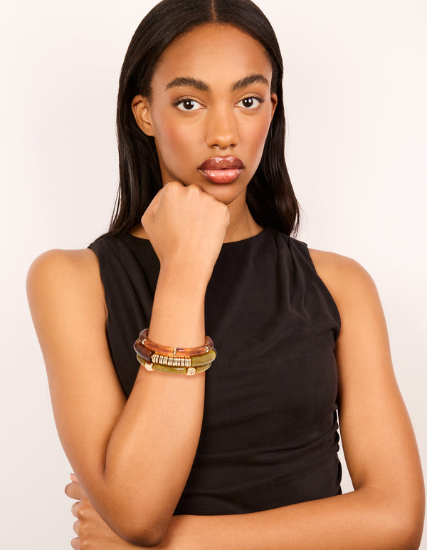 Gold Brown & Green Resin Stretch Bracelets 3-Pack