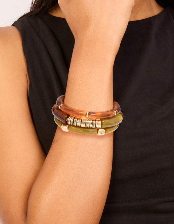 Gold Brown & Green Resin Stretch Bracelets 3-Pack