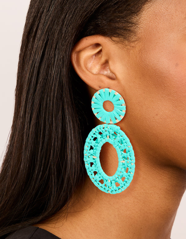 Aqua Blue Paper Patterned Oval Drop Earrings