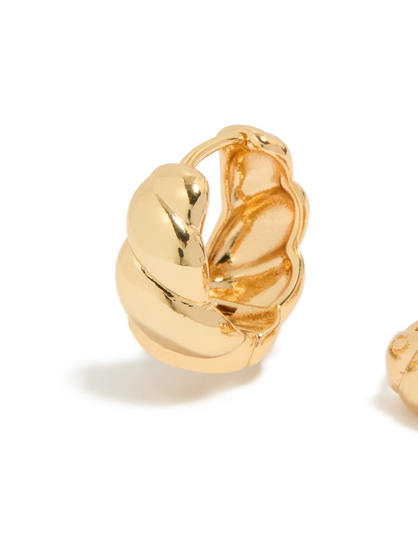 Crafted from gold plated brass croissant hoop earrings with closure close up view