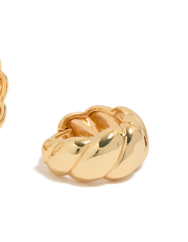 Presenting gold plated brass croissant hoop earrings with closure post detail view