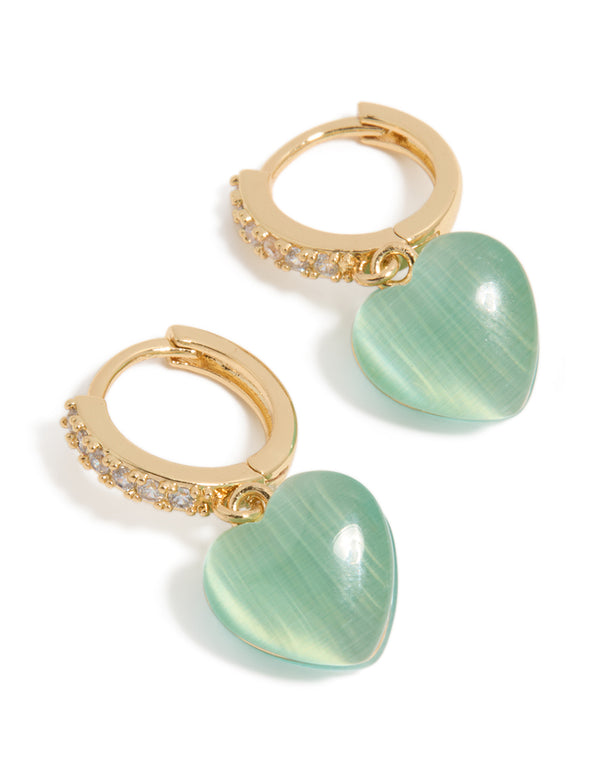 Gold Plated Cubic Zirconia Pave & Green Heart Huggie Earrings