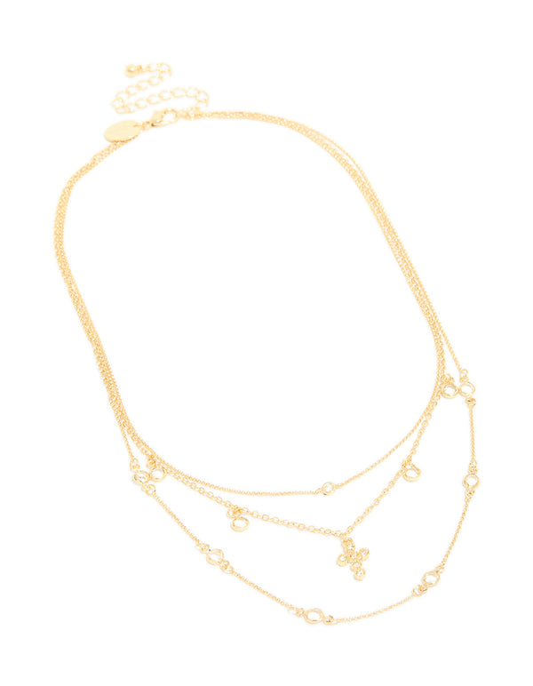 Gold Plated Cubic Zirconia Bezel & Cross Layered Necklace