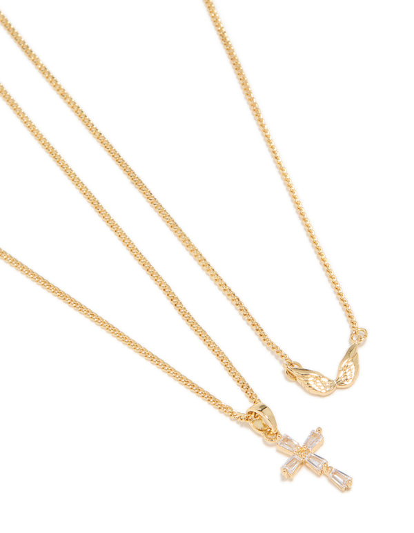 Gold Plated Angel Wing & Diamante Cross Necklaces 2-Pack