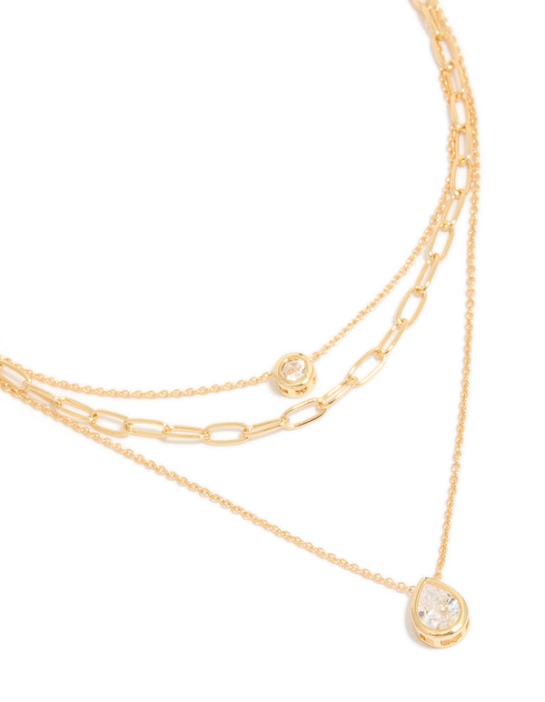 Gold Plated Cubic Zirconia Bezel Triple Layered Chain Necklace