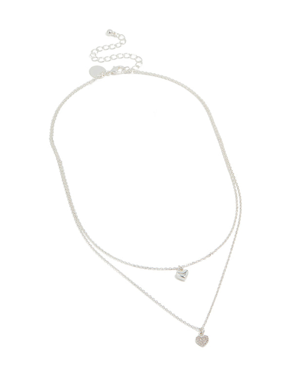 Silver Plated Cubic Zirconia Double Layered Heart Pendant Necklace