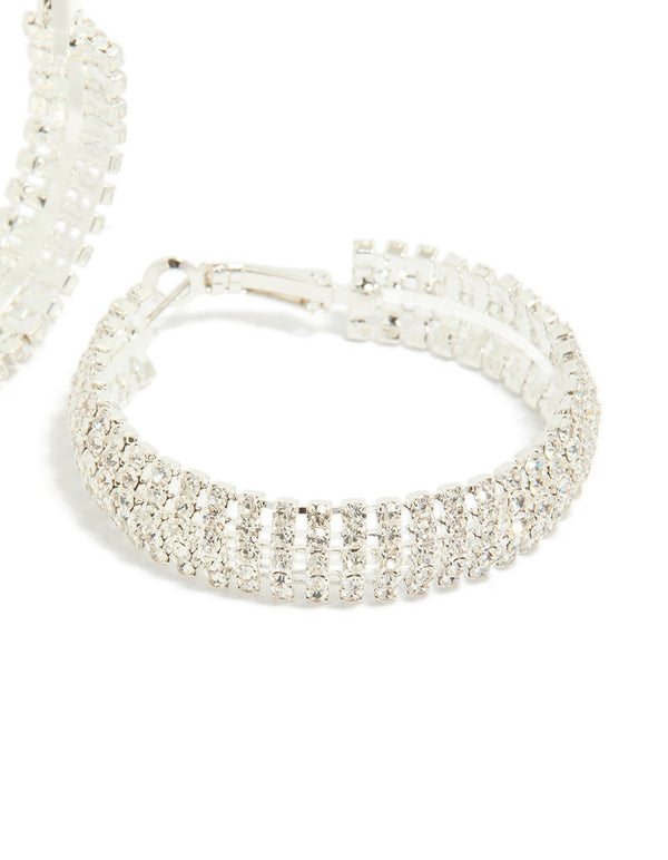 Beautiful silver diamante hoop earrings in a post detail view