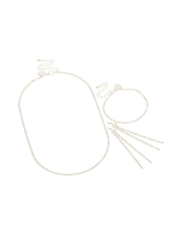 Silver Diamante Tennis Bracelet, Earrings & Necklace Pack