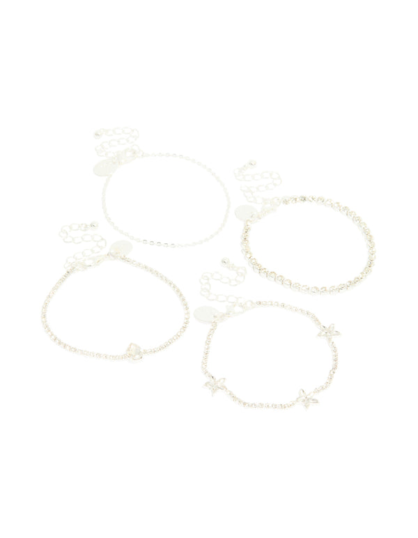 Showcasing a silver diamante flower and chain bracelets 4-pack with floral accents in a statement style front view
