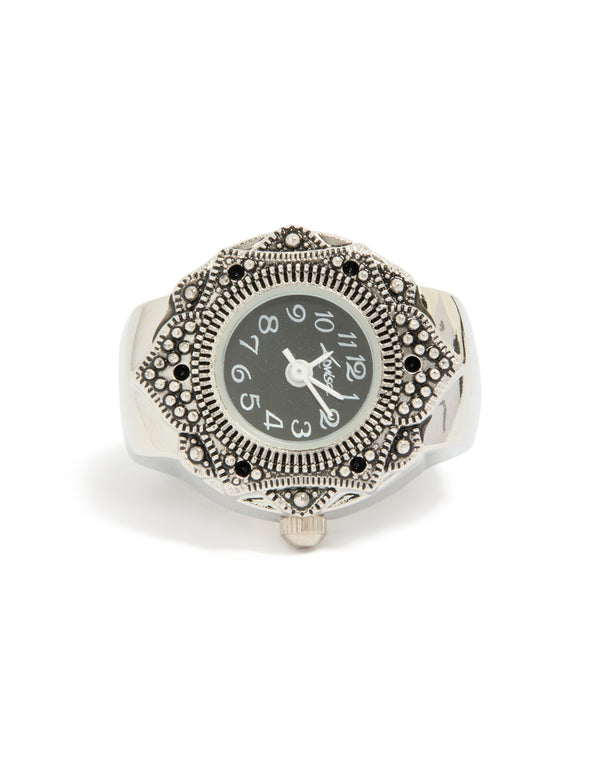 Crafted from stainless steel, this statement watch ring features black dial with round shape designed for women in casual analog style, with link band in silver watch face detail view