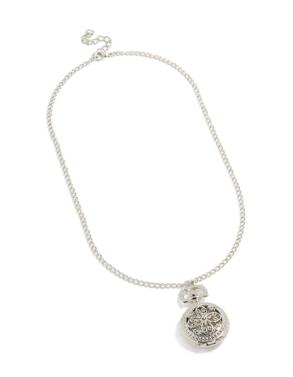 Featuring a silver long watch pendant necklace with floral locket details, and stainless steel in a statement style front view