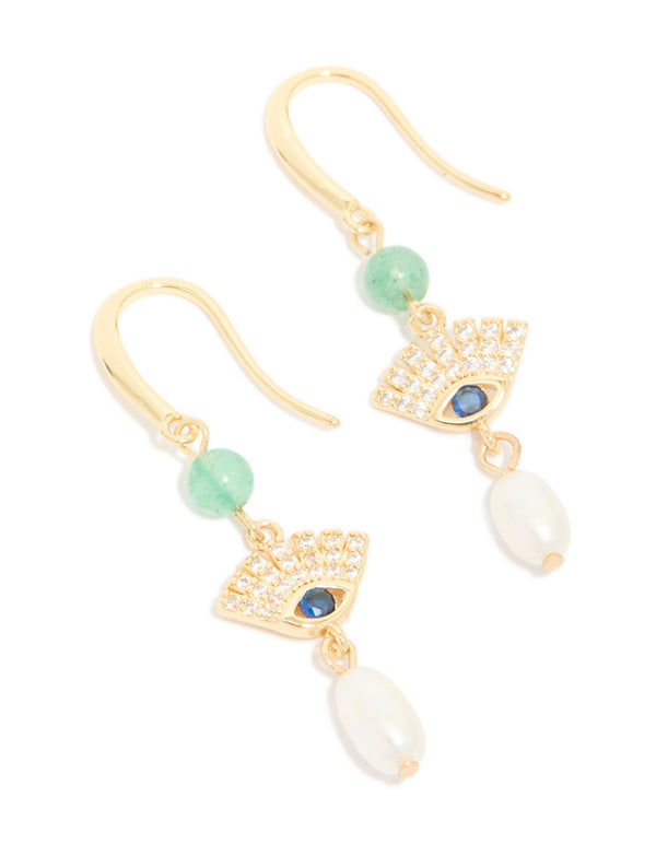 Gold Plated Cubic Zirconia Evil Eye Freshwater Pearl Drop Earrings