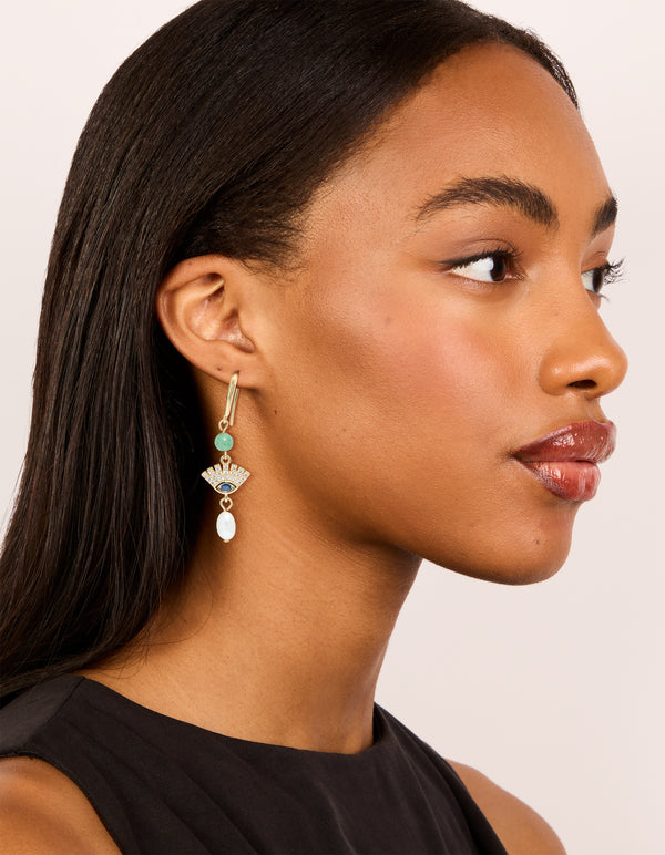 Gold Plated Cubic Zirconia Evil Eye Freshwater Pearl Drop Earrings