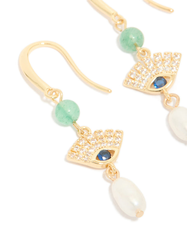 Gold Plated Cubic Zirconia Evil Eye Freshwater Pearl Drop Earrings
