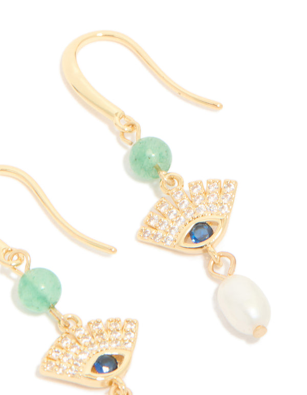 Gold Plated Cubic Zirconia Evil Eye Freshwater Pearl Drop Earrings