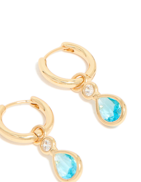 Gold Plated Blue Cubic Zirconia Teardrop Huggie Earrings