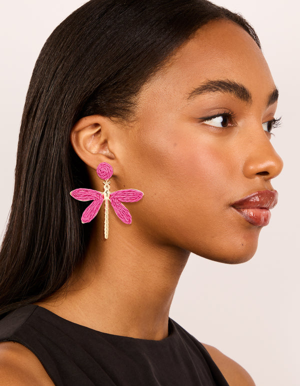 Gold Hot Pink Raffia Dragonfly Drop Earrings