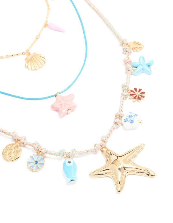 Gold Blue Cord Sea Charm Layered Necklace