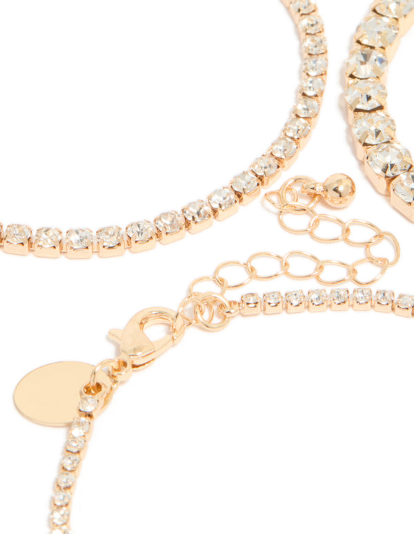 Crafted gold diamante tennis bracelets in a 3-pack in closure detail view