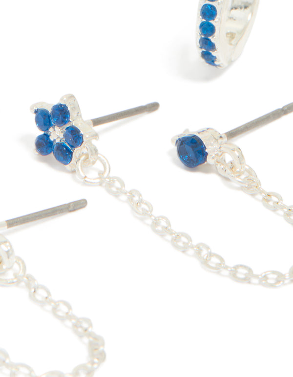 Silver Blue Cubic Zirconia Chain Flower & Huggie Earrings 3-Pack