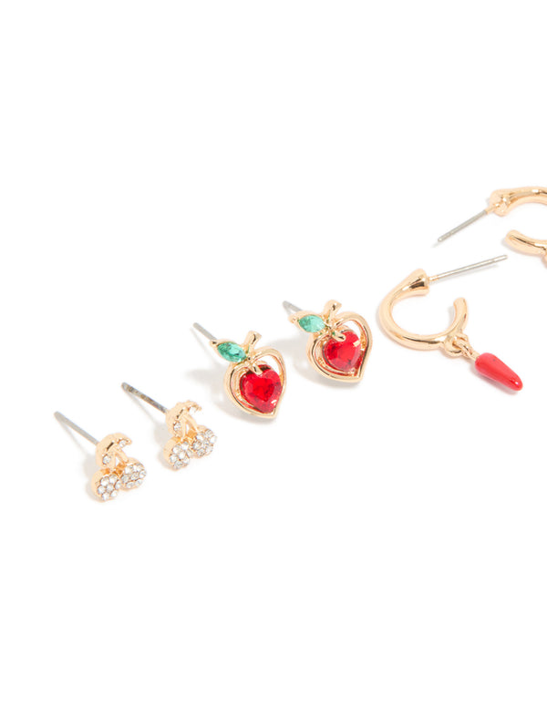 Gold Diamante Fruit Earrings 5-Pack