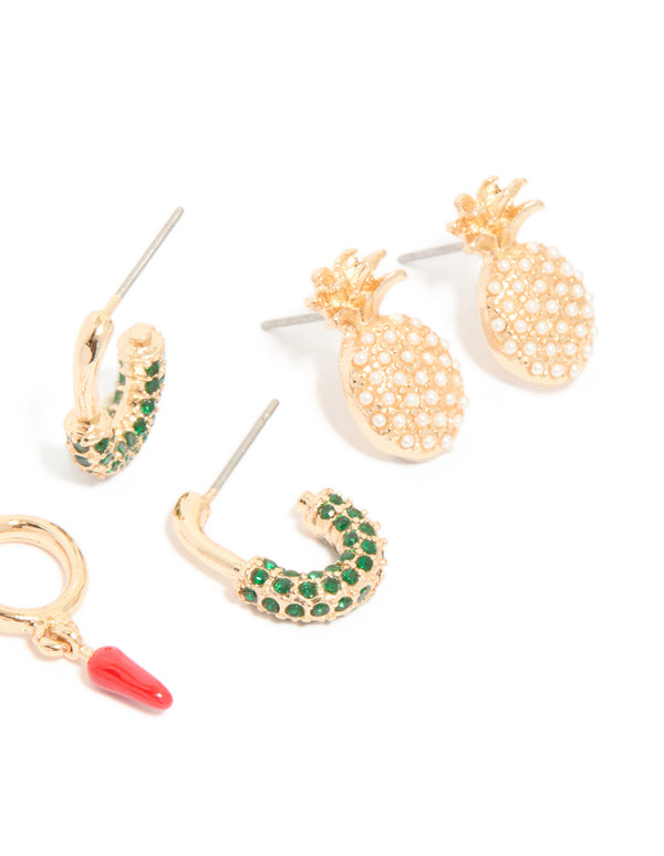 Crafted from gold diamante these fruit earrings in a 5-pack feature hoop and stud closures post detail view