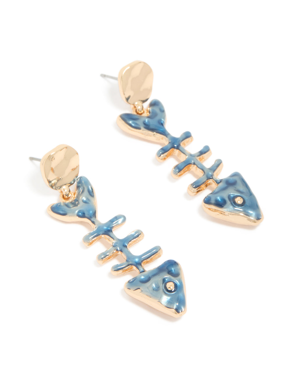 Gold Blue Fish Skeleton Drop Earrings