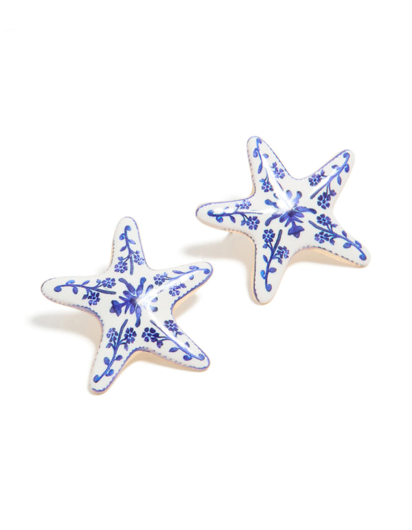 Gold White & Dark Blue Painted Floral Starfish Stud Earrings