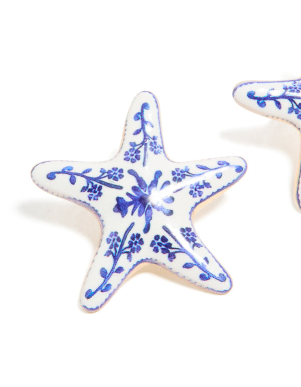 Gold White & Dark Blue Painted Floral Starfish Stud Earrings
