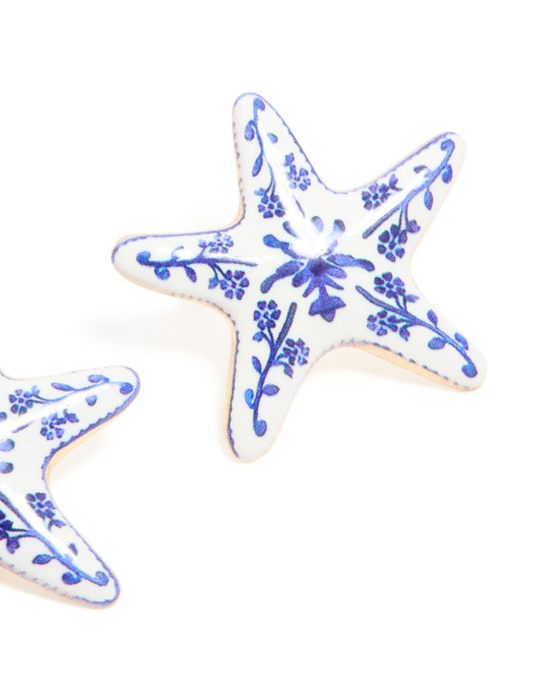 Gold White & Dark Blue Painted Floral Starfish Stud Earrings