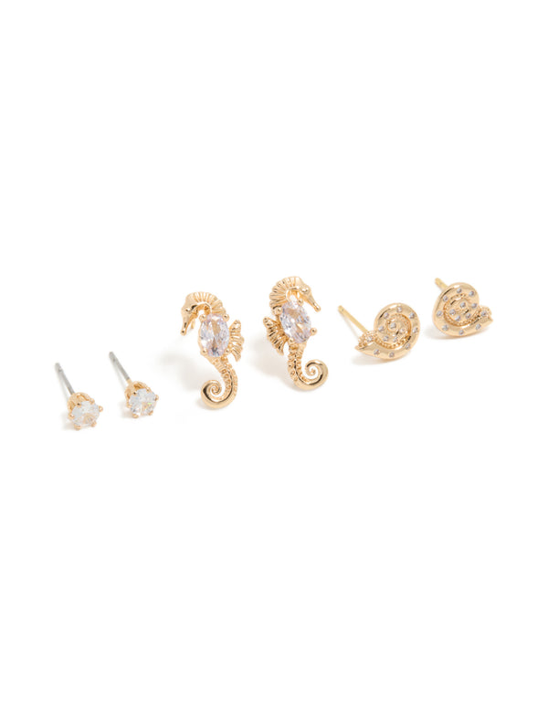 Gold Diamante & Seahorse Stud Earrings 3-Pack