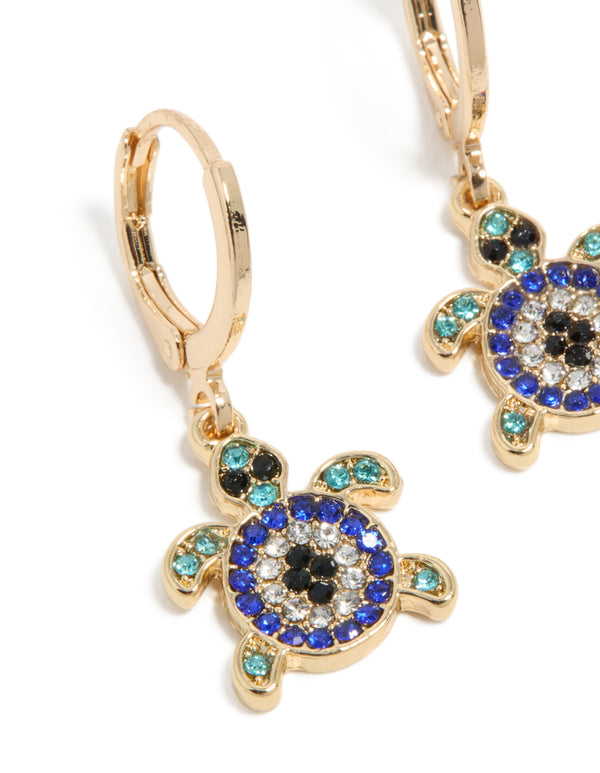 Gold Blue Diamante Turtle Huggie Earrings