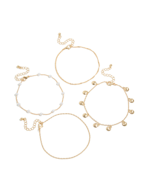 Gold Shell & Pearl Anklets 4-Pack