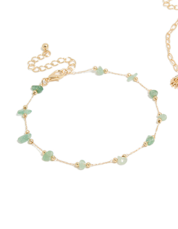 Gold Semi Precious Stone & Sea Charm Anklets 2-Pack