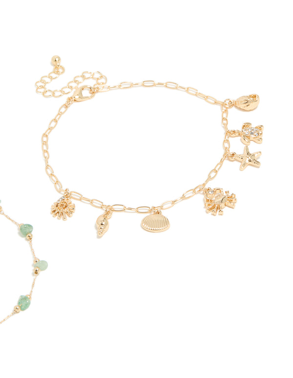 Gold Semi Precious Stone & Sea Charm Anklets 2-Pack