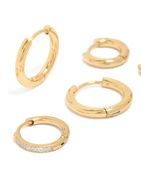 Waterproof Gold Plated Stainless Steel Cubic Zirconia Essential Stacking Huggie Earrings 3-Pack