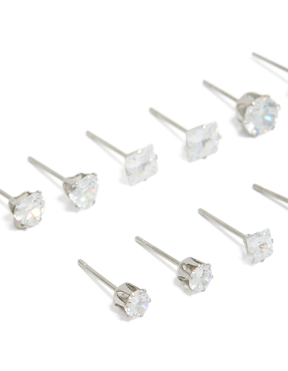 Discover waterproof stainless steel cubic zirconia essential stud earrings 6-pack with round stone cut crystal in clear close up view