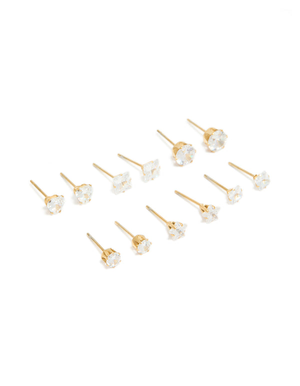 Featuring waterproof gold plated stainless steel cubic zirconia essential stud earrings 6-pack with round stone cut in white close up view
