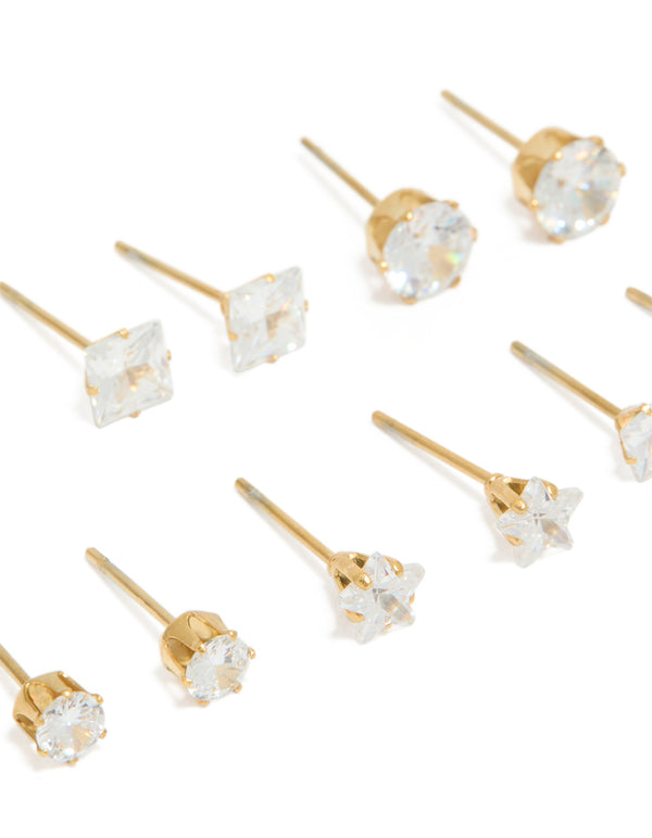 Crafted from waterproof gold plated stainless steel cubic zirconia essential stud earrings 6-pack with round stone cut in white post detail view