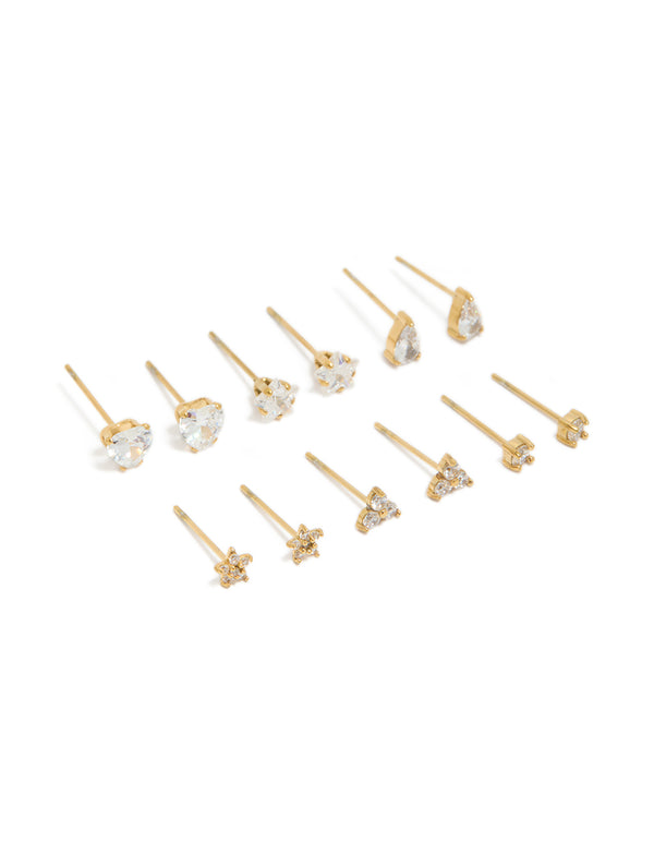 Featuring waterproof gold plated stainless steel cubic zirconia stud earrings with star and crystal features in a dainty 6-pack style close up view