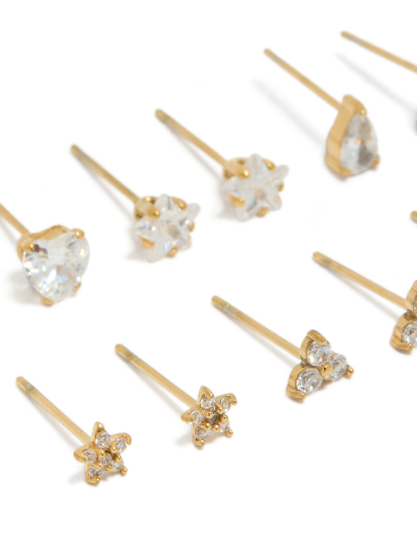 Designed with waterproof gold plated stainless steel cubic zirconia and crystal star stud earrings in a dainty 6-pack post detail view