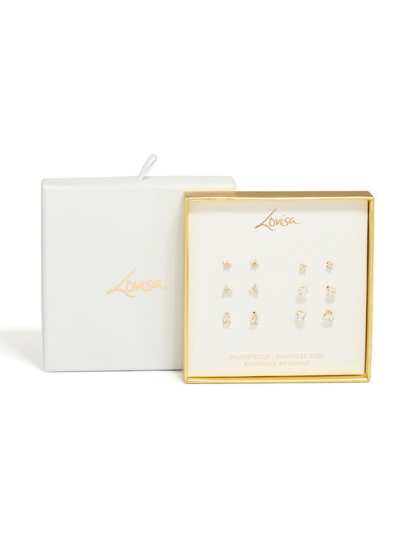 Showcasing dainty stud earrings crafted from waterproof stainless steel with cubic zirconia and star features in a 6-pack front view