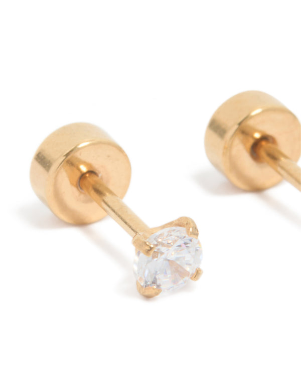 Kids Gold Plated Surgical Steel Cubic Zirconia Classic Flat Back Studs