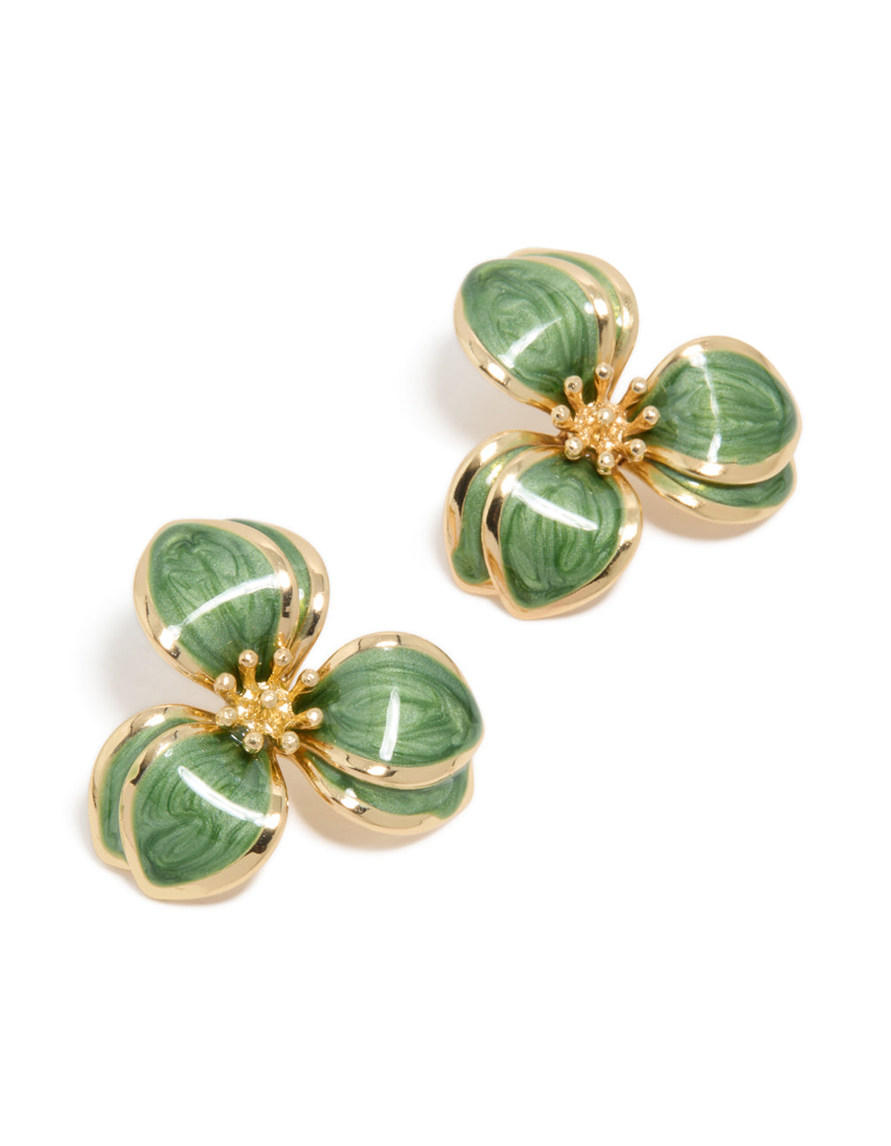 Elegantly crafted gold green three petal flower stud earrings featuring floral with stud closure front view