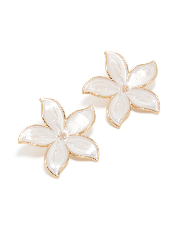 Elegant white enamel flower stud earrings featuring flower accents in gold front view