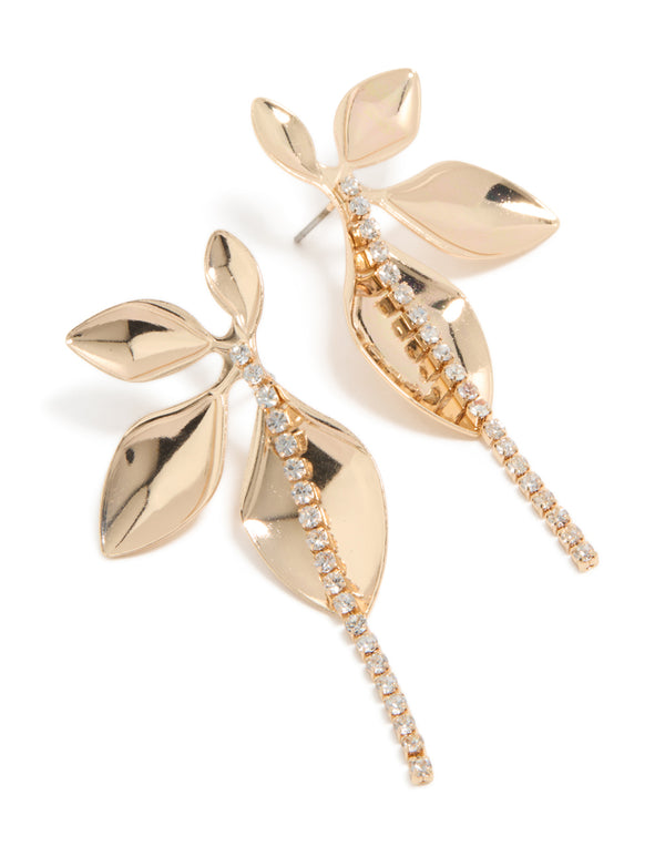Showcasing gold diamante half flower drop earrings with floral details in a statement style front view